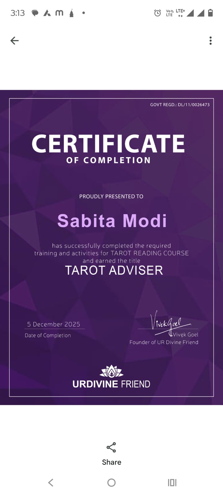 Sabita modi UrDivineFriend tarot reader certificate